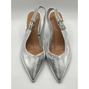 ASOS DESIGN Women's Silver Metallic Pointed-Toe Slingback Block Heel Pumps SZ 7 - Picture 1 of 10