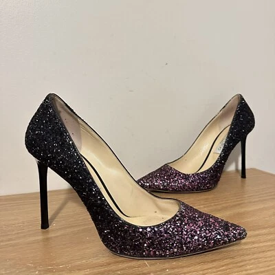 Jimmy Choo Romy 100 Pumps Glitter Crystals Ombré Black Pink Heels Size 41 Party - image 1 of 4