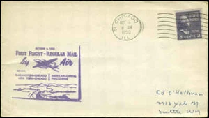 US Government Flight #303b 1st Class Mail by Air Chicago to Washington 10/6/53 - Picture 1 of 2
