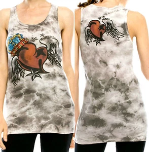Canotta Vocal Taglia S M L Marrone Tie Dye Cuore Cristallo Strass Camicia Donna - Foto 1 di 4