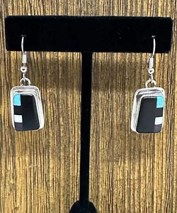 Signed EP Zuni Native INLAY Multi Stone DANGLE DROP Sterling SILVER EARRINGS - Picture 1 of 7