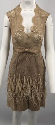 Vestido Zuhair Murad Beige/Marrón Encaje Lazo Cinturón con Flecos/Detalle de Lentejuelas talla XS Foto 1 de 4
