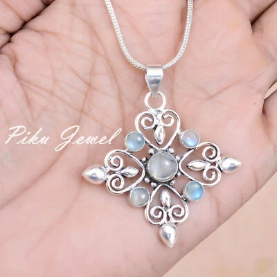 Ciondolo ricordo religioso croce argento sterling 925 pietra di luna multi gemma - Immagine 1 di 4