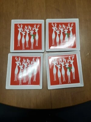 4 Crate & Barrel Reindeer Appetizer Dessert Plates Christmas Square 5.75" Bin 53 - Image 1 of 4
