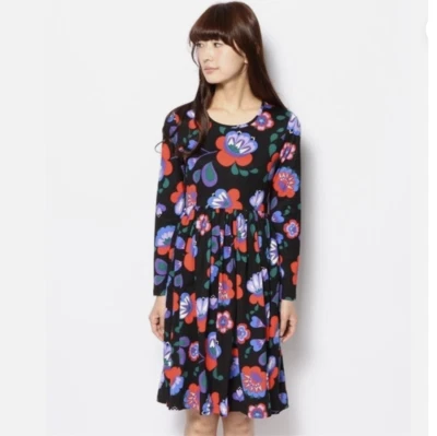 Marimekko Mollamaija Floral Dress XS Long Sleeve Pockets Cotton Gathering Waist - Image 1 of 4