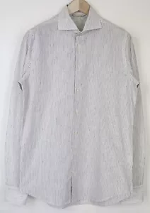 Suitsupply Hombre Camisa ~ XS Blanco Algodón Lino Rayas Patrón Manga Larga - Imagen 1 de 10