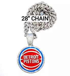 DETROIT PISTONS GEM NECKLACE Silver Bling NBA Hip Hop Pendant & 28" Chain - Picture 1 of 3