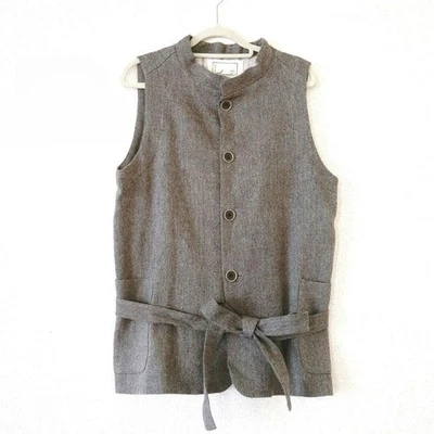 ICHI Antigüedades Lino Lana Espiga Chaleco Banda Cuello Gris Usado - Imagen 1 de 4