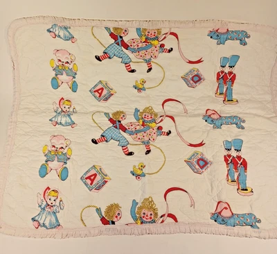 Vintage Baby Quilt Pastels  Rag Dolls Teddy Bear  Blocks 42x32 - Image 1 of 4