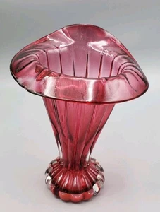 Art Glass Hand Blown Cranberry Ribbed Jack In The Pulpit Glass Vase Elegant - Picture 1 of 11