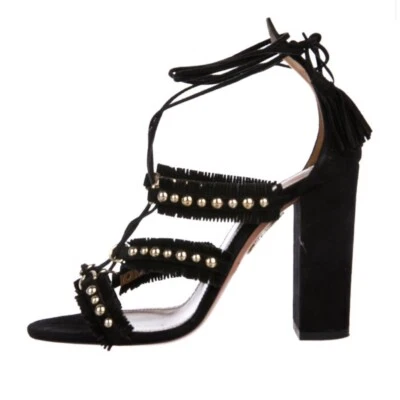Aquazurra Block Heel Sandal 6.5 Talum Black Suede Gold Studs Tassel lace up Ties - Image 1 of 4