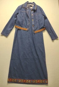 Studio Ease Denim Set Women Size 10 Dress & Jacket Paisley Floral Fabric Trim - Picture 1 of 17