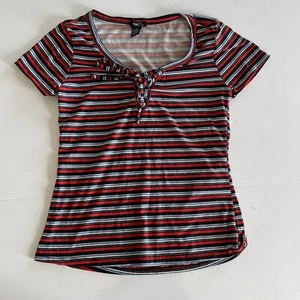 Rue 21 Junior's M Shirt Striped Ribbed Short Sleeve Lace Up Tie Front Y2K - Picture 1 of 4
