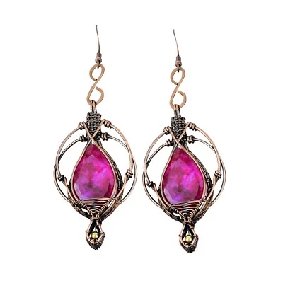 Oferta del Día de la Madre Cobre Cachemira Rubí Piedras Preciosas Envuelto Alambre Pendientes Colgantes Foto 1 de 4