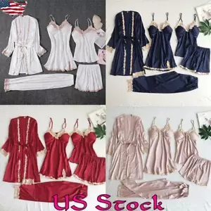5pcs Women Satin Silk Bathrobe Nightdress Vest Shorts Sleepwear Lingeries Sets - Picture 1 of 22