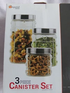 NEW - 3 Pc. Imperial Home Canister Set With Marble Design Glass & Stainless - Picture 1 of 4