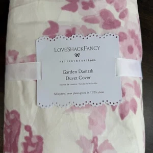 POTTERY BARN TEEN LOVESHACKFANCY DAMASK DOUBLE RUFFLE EDGE F/Q DUVET COVER ~PINK - Picture 1 of 7