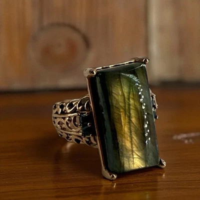 Anillo firmado Bz filigrana y labradorita y bronce - talla 6,75 gran declaración Foto 1 de 4
