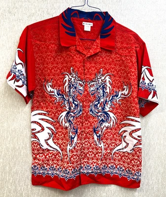 Винтажная футболка с драконом без границ пламя красный синий молодежный размер 16/18 XL полиэстер - Изображение 1 из 3