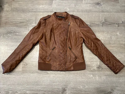 Chaqueta Guess Mujer Grande Marrón Asimétrica Cremallera Completa Imitación Cuero Motociclista Foto 1 de 4