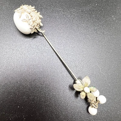 Vintage MIRIAM HASKELL STICK PIN - White w/Silver - Signed - with Stopper - EUC - Image 1 of 4