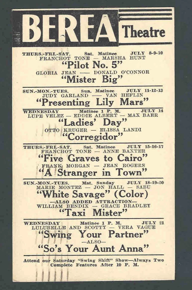1943 BEREA THEATRE OH SHOWING PILOT #5 F TONE & M HUNT & 5 GRAVES TO CAIRO ETC - Image 1 of 1
