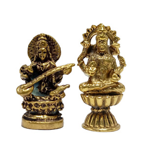 Laxmi Saraswati Lakshmi Seated Set 2 Idol Brass Statue Murti Hinduism Figurine