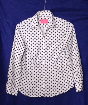CHARLES TYRWHITT BLOUSE ladies size 4 white navy blue dot long sleeve cotton - Image 1 of 4