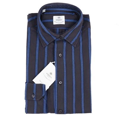 Camisa Luigi Borrelli Algodón Suave Rayas Marrón Chocolate y Azul Delgada 15.5 Nueva Con Etiquetas Foto 1 de 4