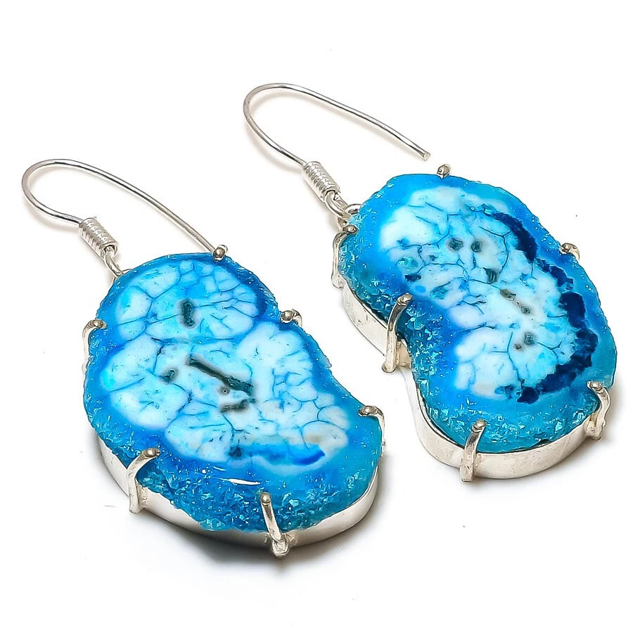 Blue Solar Quartz Druzy Gemstone Silver Plated Dangle Earrings Jewelry 2" - Image 1 of 1