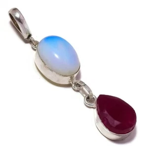 Opalite Crystal, Red Ruby Gemstone Silver Overlay Handmade Double Drop Pendant - Picture 1 of 3
