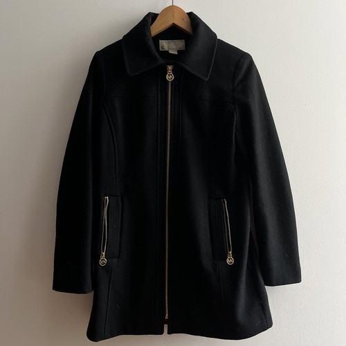 Michael Kors trench lana sopra cappotto donna piccolo nero foderato oro cerniere preppy