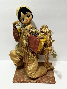 Vintage Big Eyed Bradley Style Decorative Asian Doll 14” Wooden Stand - Picture 1 of 12