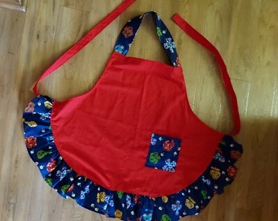 NEW: Handmade Child's Bib Apron w/Ties and Pocket, Red w/ Blue, Green & Yellow   - Image 1 of 3