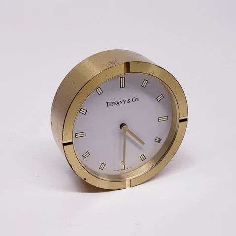 TIFFANY & CO 3 1/5 INCH BRASS ROUND DESK CLOCK - SWISS - For Parts or Repair Cover