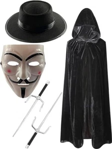 Máscara de hacker anónimo para adultos V de Vendetta Guy Fawkes, capa con capucha, sombrero y sais - Imagen 1 de 9