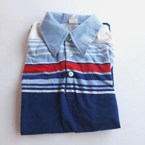 Vintage USA 70’s Donmoor Short Sleeve T Shirt Striped Polo Boys Sz 16 Blue - Picture 1 of 6