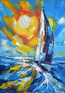 Original Sailboat Painting 6x9 OOAK Signed Acrylic Seascape on Cardboard Art - Picture 1 of 9