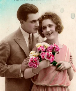 c1924 Lady Holds Flowers w/ Man Lovely French Hand Color Tinted VINTAGE Postcard - Picture 1 of 3
