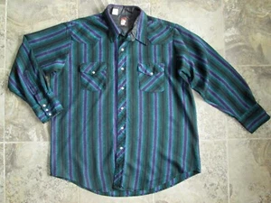 Camicia western vintage Karman 17,5 1x misto lana poli nero verde a righe a scatto - Foto 1 di 4