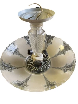 Antiguo 1920 1930 Art Deco Nouveau 15” Vidrio Pesado 3 Bombillas Lámpara Completa Foto 1 de 4