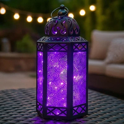 12" Black Metal Moroccan Decorative LED Fairy Lights Candle Lantern Holders f... - Image 1 of 4