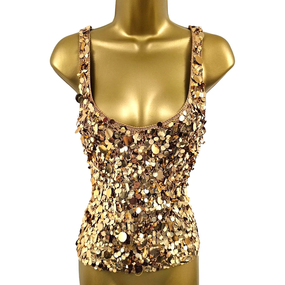 Vintage Karen Millen 2 UK 10 Gold Sequin Dazzling Crochet Knit Party Cami Top - Image 1 of 4