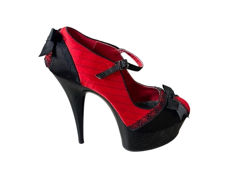 Pleaser Plataforma Alta Tacón Negro Talla 10 Mary Jane Rojo Encaje Lazo Brillante Tirantes Foto 1 de 4