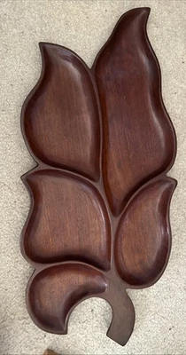 Tray Large Leaf Solid Mahogany Wood Carved Divided 25.5” x 11.5” Made In Haiti - Image 1 of 4