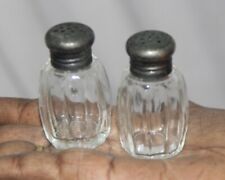 Vintage Set of 2 Glass Etched Salt Pepper Shakers Pressed Bottle 10860
