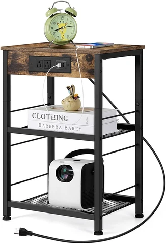 3 Tier Wood Side End Table Furniture Nightstand Shelf w/ USB & Power Ports Cover