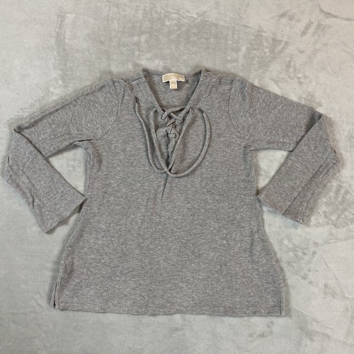 Tunica donna Michael Kors grigia waffle maglia allacciata misto cotone maniche lunghe S