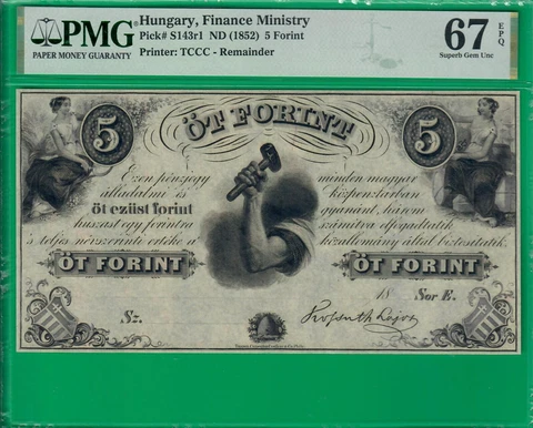 Hungary 5 forint ND(1852), S143r1,Superb Gem UNC *67* EPQ! Top Pop @ PMG report! Cover