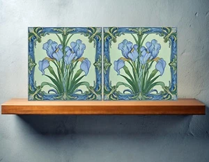 Azulejos de cerámica de iris Art Nouveau - Juego de 2 azulejos de decoración de pared Art Nouveau - Imagen 1 de 3